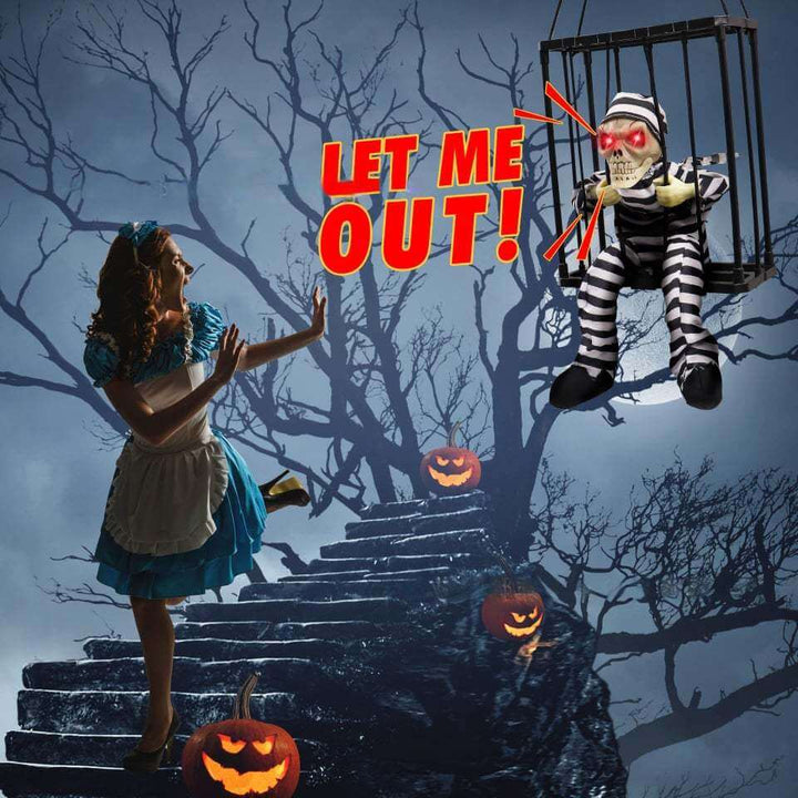 Skanto | Halloween-dekorasjon – Bevegelig fange i bur med lyd- og bevegelsessensor