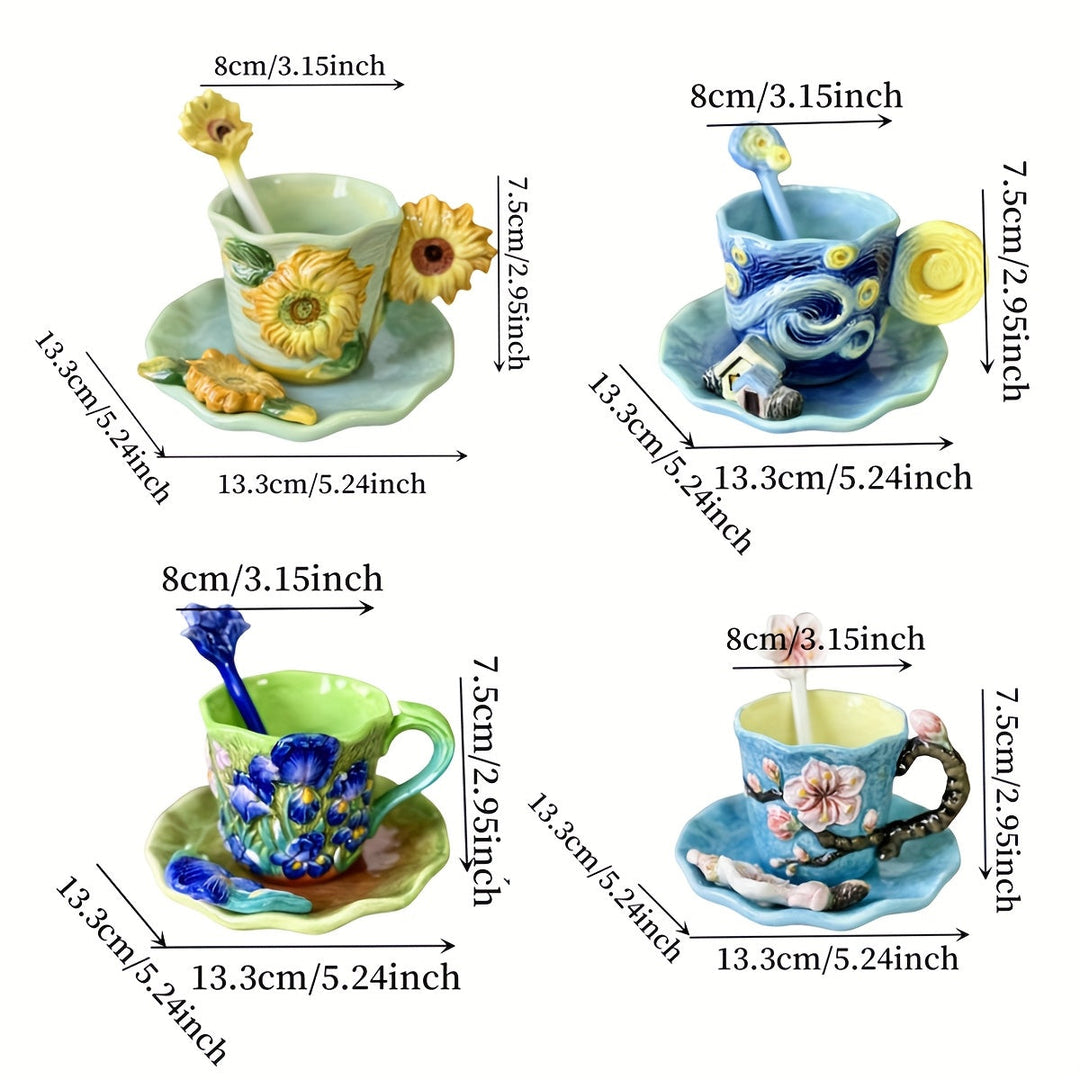 ArtSip keramikkopp og underkoppsett – Håndmalt 3D-design inspirert av Van Gogh | Skanto