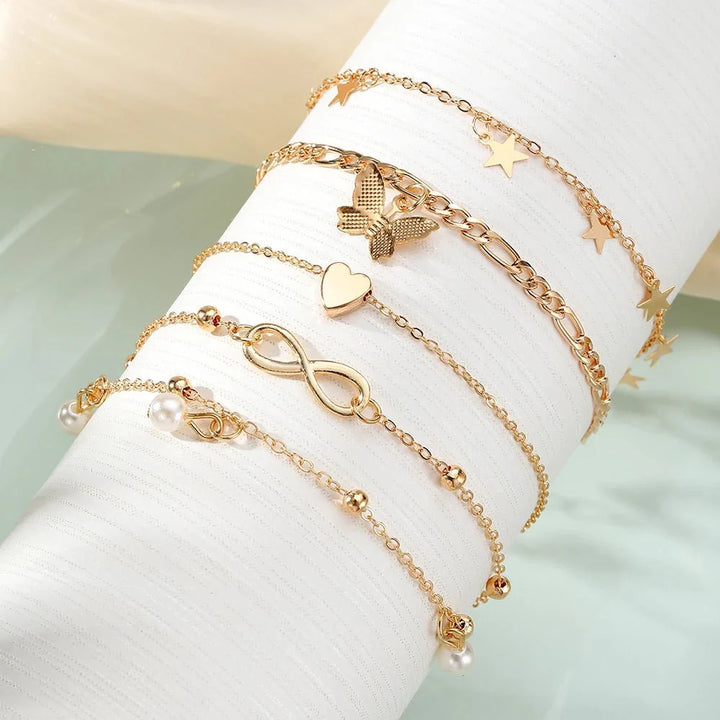 Skanto | 5pcs Delikat Femenin Ankelsett (Stjerner, Hjerte, Sommerfugl, Uendelig, Perler)
