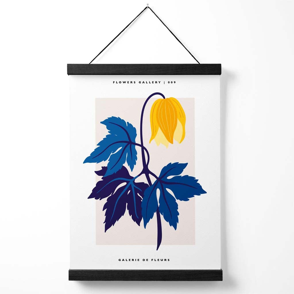 Abstrakt galleriplakat for gul og blå tulipanmarked med oppheng