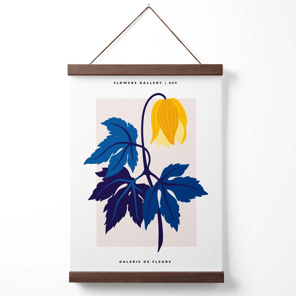 Abstrakt galleriplakat for gul og blå tulipanmarked med oppheng