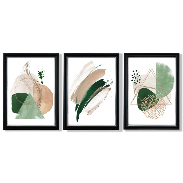Abstrakt sett med 3 innrammede kunsttrykk i salviegrønt og beige