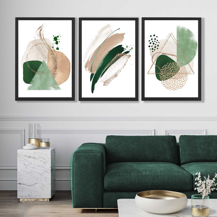 Abstrakt sett med 3 innrammede kunsttrykk i salviegrønt og beige