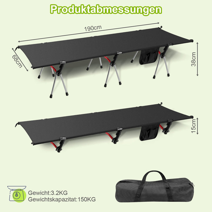 Folding Bed Black Camping Bed Høydejusterbar | Skanto