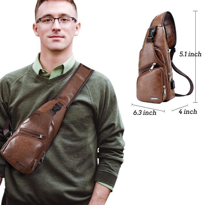 Skanto | Stor herre lærveske brystsekk vanntett crossbody bag med USB