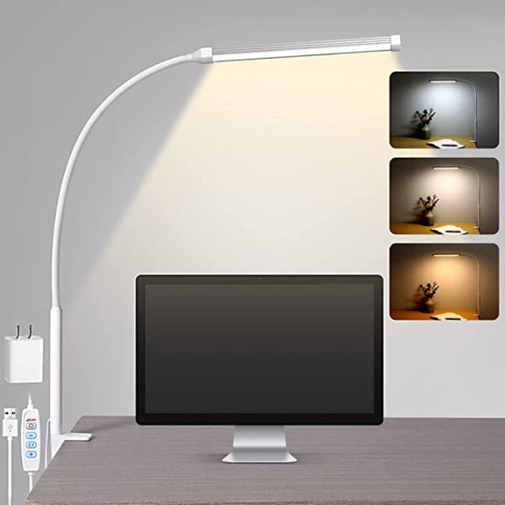 Skanto | LED Skrivebordslampe - Øyevennlig Skrivebordslampe med Klemme, Fleksibel Svingarm, 3 Moduser, 10 Lysnivåer, USB Adapter