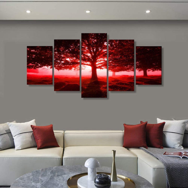 5-delt rød landskaps lerret veggkunstbilde | Skanto