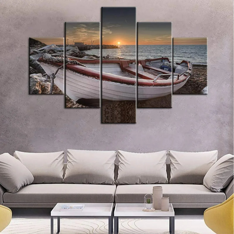 Sett med 5 dekorative lerretbilder med strandbåtmotiver