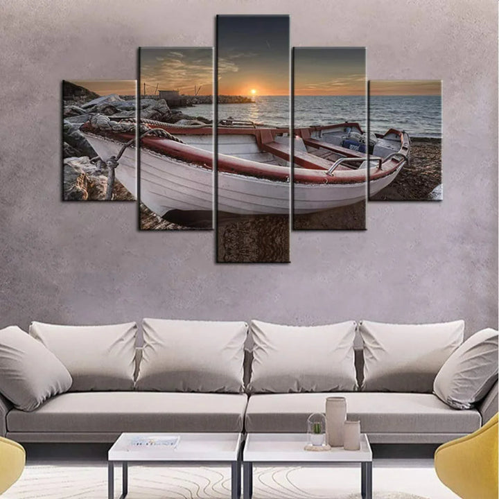 Sett med 5 dekorative lerretbilder med strandbåtmotiver