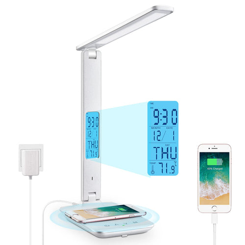Skanto | Laopao Skrivebordslampe, Led Skrivebordslampe Med Trådløs Lader, Usb Ladeport, Justerbar Sammenleggbar Bordlampe Med Klokke, Alarm, Dato, Temperatur, 5-Nivå Dimmbar Belysning, Kontorlampe Med Adapter