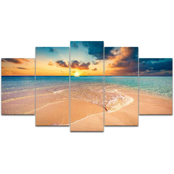 Sett med 5 veggbilder med strand-solnedgangsmotiver