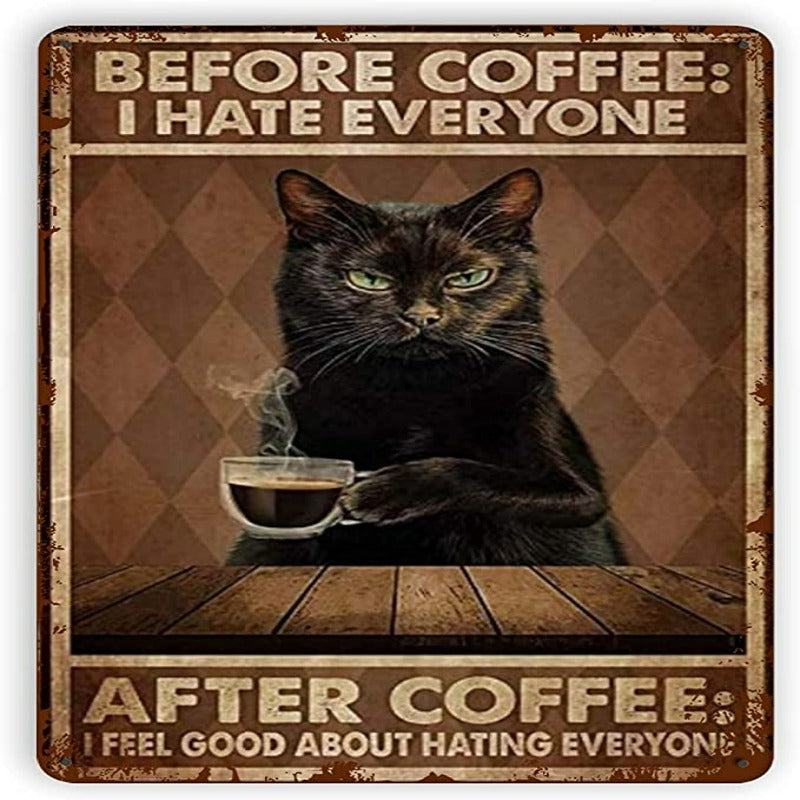 Vintage blikkskilt, plakat med katt foran kaffe