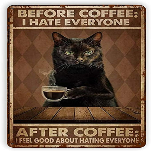 Vintage blikkskilt, plakat med katt foran kaffe
