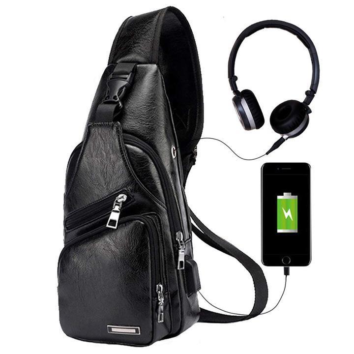 Skanto | Stor herre lærveske brystsekk vanntett crossbody bag med USB