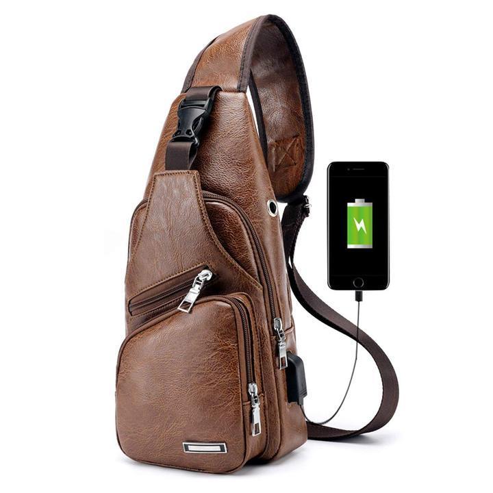 Skanto | Stor herre lærveske brystsekk vanntett crossbody bag med USB
