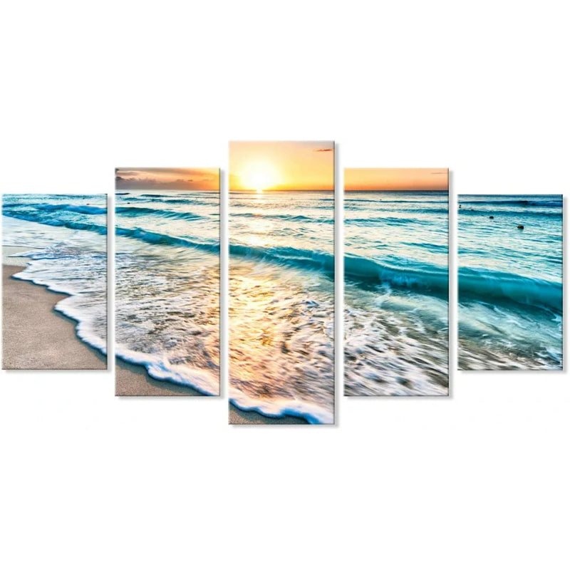 Sett med 5 dekorative lerretsbilder med havlandskap og strandmotiv