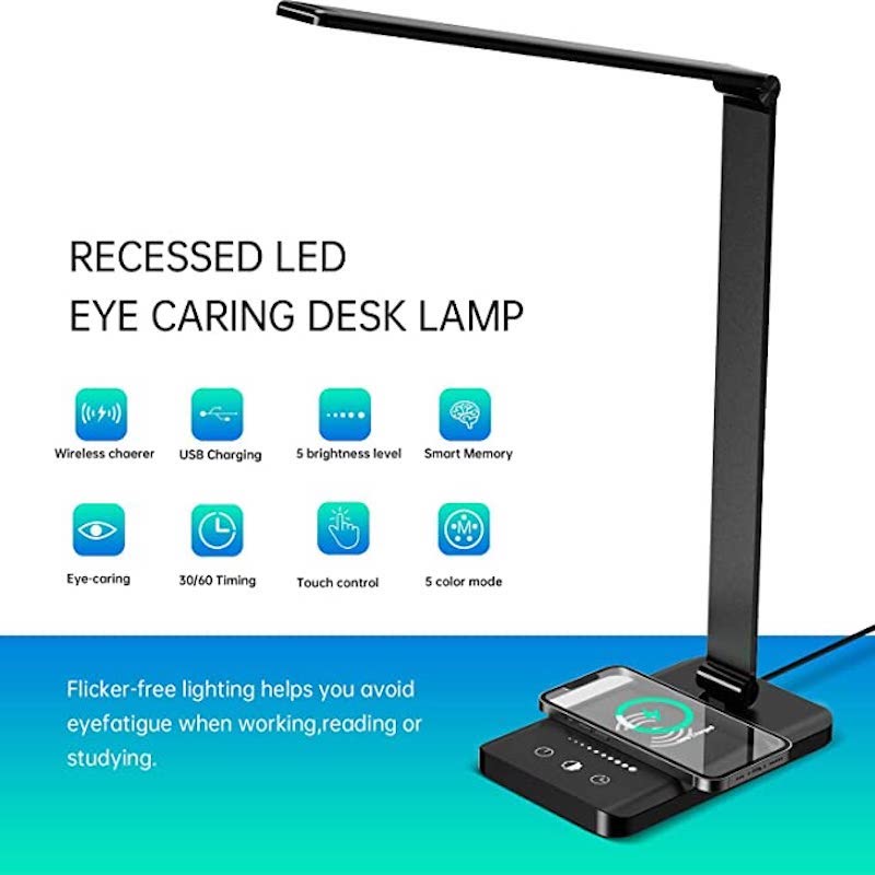 Skanto | LED skrivebordslampe med USB-ladeport, dimbar øyevennlig leselampe for hjemmet, med 5 lysstyrkenivåer & 3 lysmoduser, berøringskontroll, autotimer (Svart)