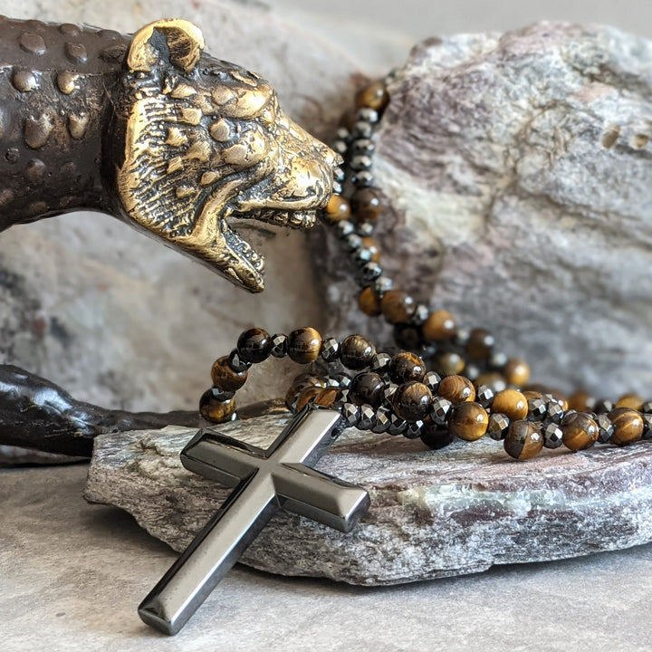 Skanto | Tiger Eye Og Lapis Lazuli Kors Rosary Halskjede For Menn - Orion