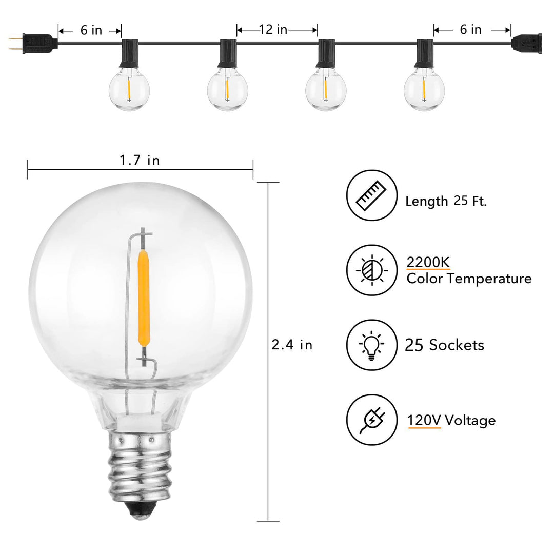 Skanto | Brightown 25Ft Utendørs Lyskæder, 27 G40 Led, Bruddsikker, Vanntett, Svart Ledning