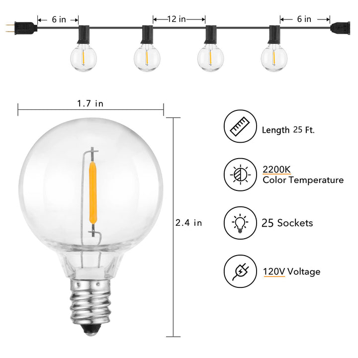 Skanto | Brightown 25Ft Utendørs Lyskæder, 27 G40 Led, Bruddsikker, Vanntett, Svart Ledning