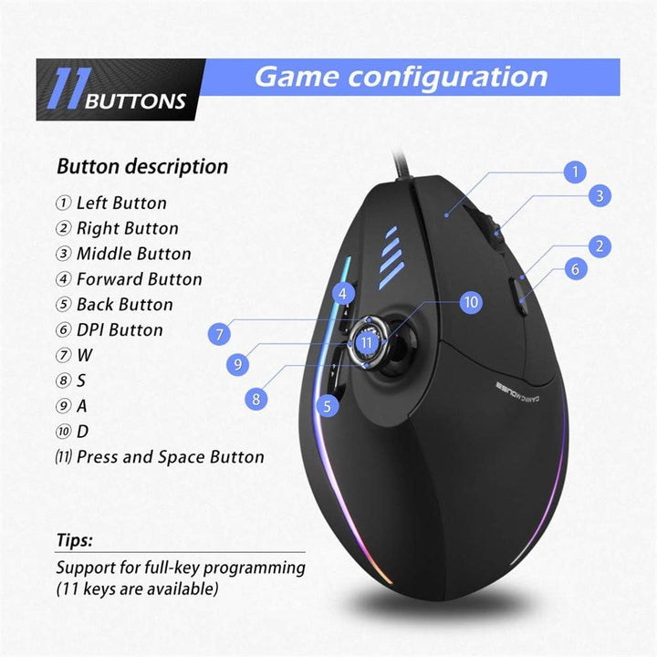 Skanto | Vertikal RGB Gaming Mus med Joystick og 11 Programmerbare Knapper – Kryvos