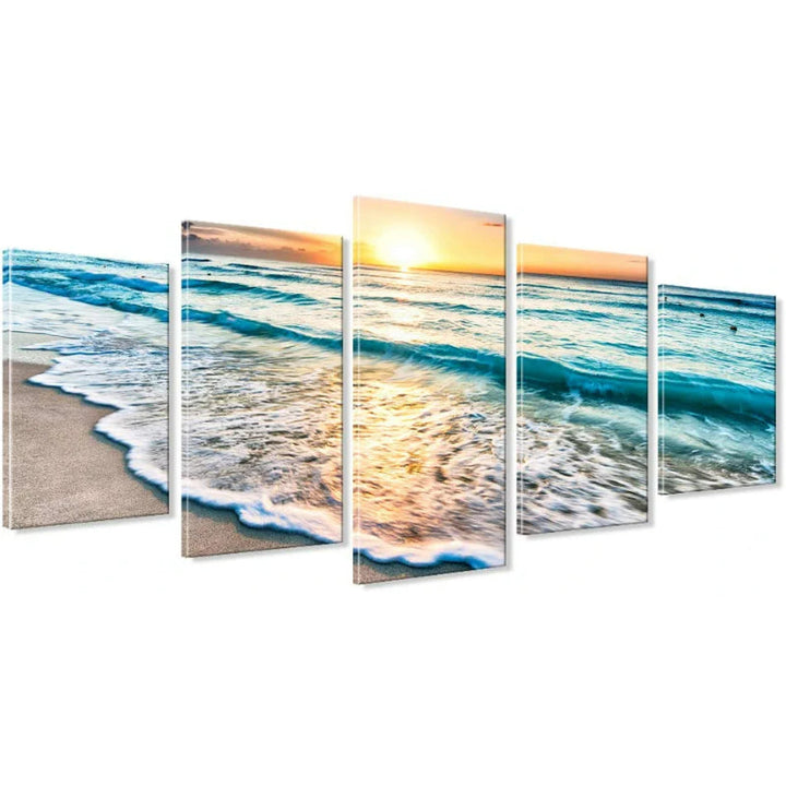 Sett med 5 dekorative lerretsbilder med havlandskap og strandmotiv