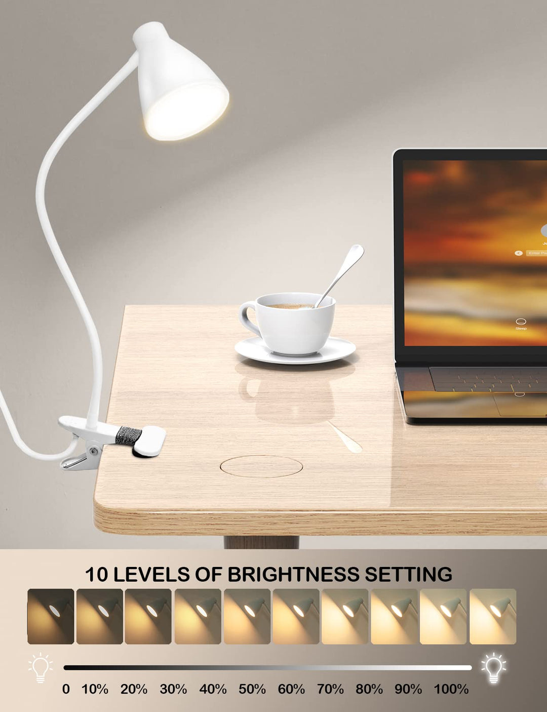 Skanto | Bohon 10W Klem Lampe - 3 Fargemoduser, 10 Lysstyrker, Fleksibel Gåsehalssvane, Usb, Hvit