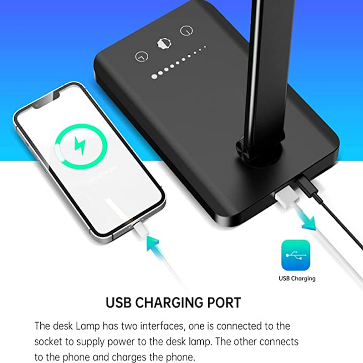 Skanto | LED skrivebordslampe med USB-ladeport, dimbar øyevennlig leselampe for hjemmet, med 5 lysstyrkenivåer & 3 lysmoduser, berøringskontroll, autotimer (Svart)