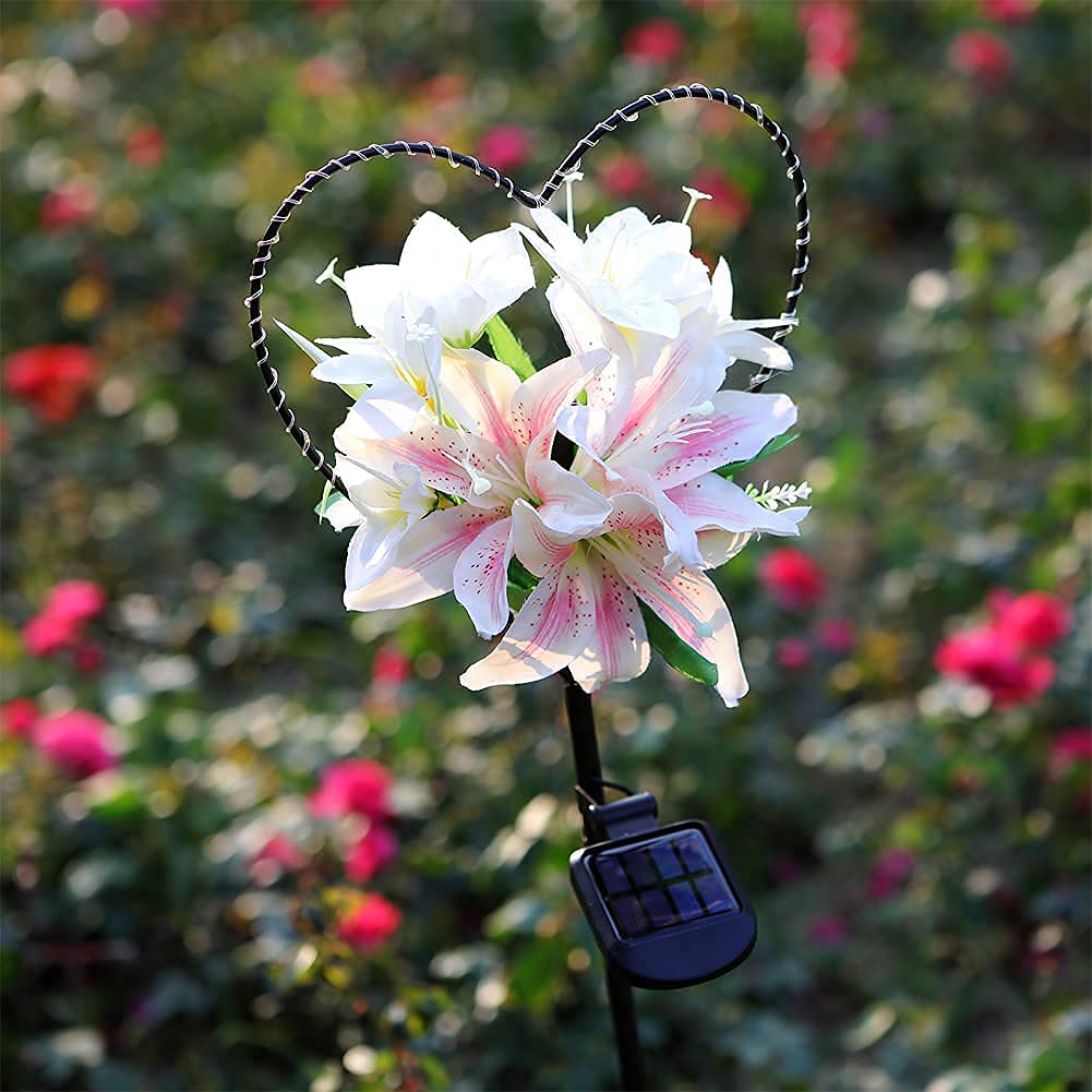 Skanto | Starryfill Hjerteformet Solcellehagebelysning Med Hvite Lilje Blomster - 25 Led Varme Hvit