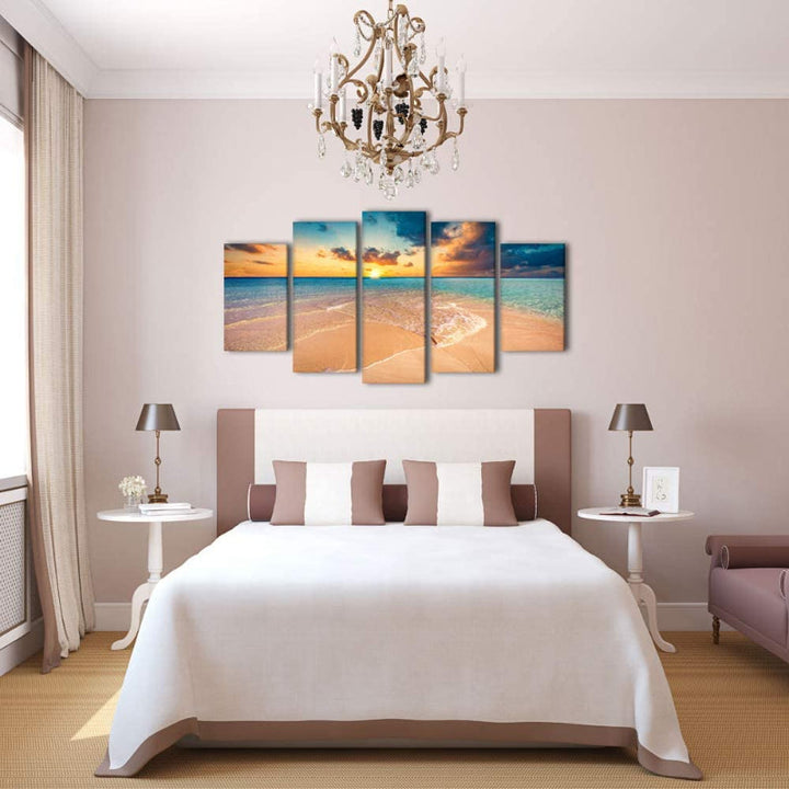 Sett med 5 veggbilder med strand-solnedgangsmotiver