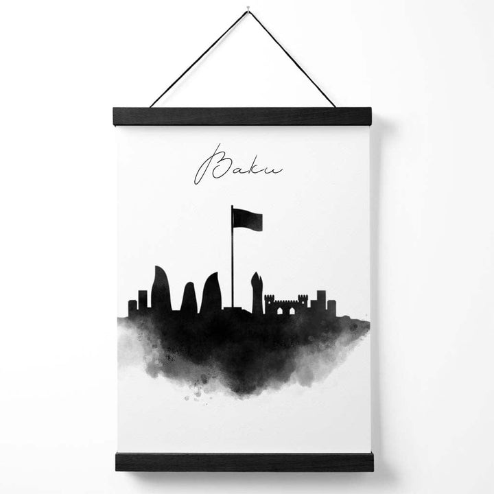 Baku akvarell plakat med bysilhuett og oppheng