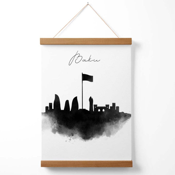 Baku akvarell plakat med bysilhuett og oppheng