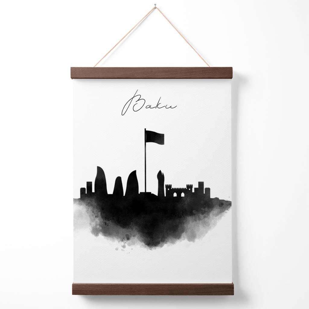 Baku akvarell plakat med bysilhuett og oppheng