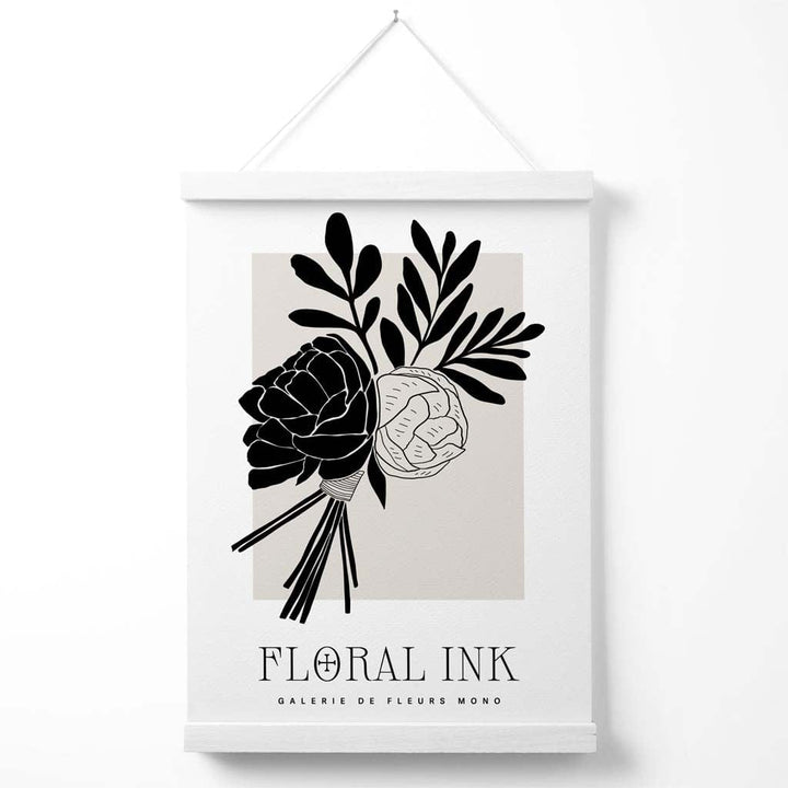 Plakat med lukket peonmotiv i svart og beige (inkludert oppheng)