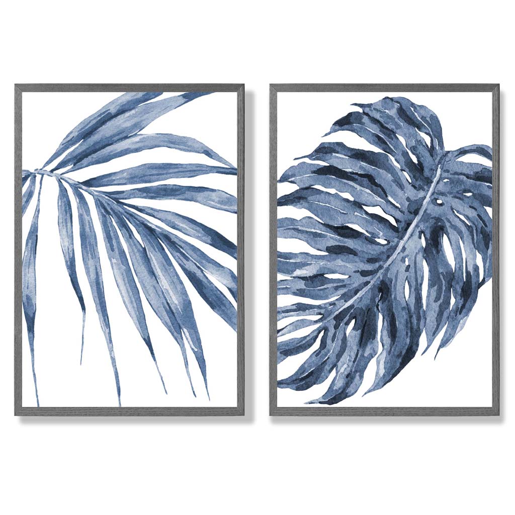Akvarellrammesett med blå monstera-papyrus og 2 kunsttrykk