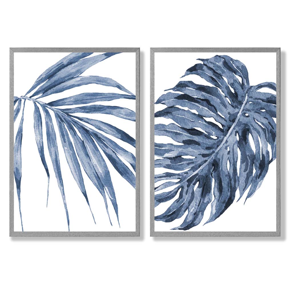 Akvarellrammesett med blå monstera-papyrus og 2 kunsttrykk
