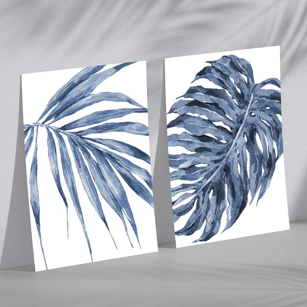 Blå monstera papyrus akvarellsett med 2 kunsttrykk