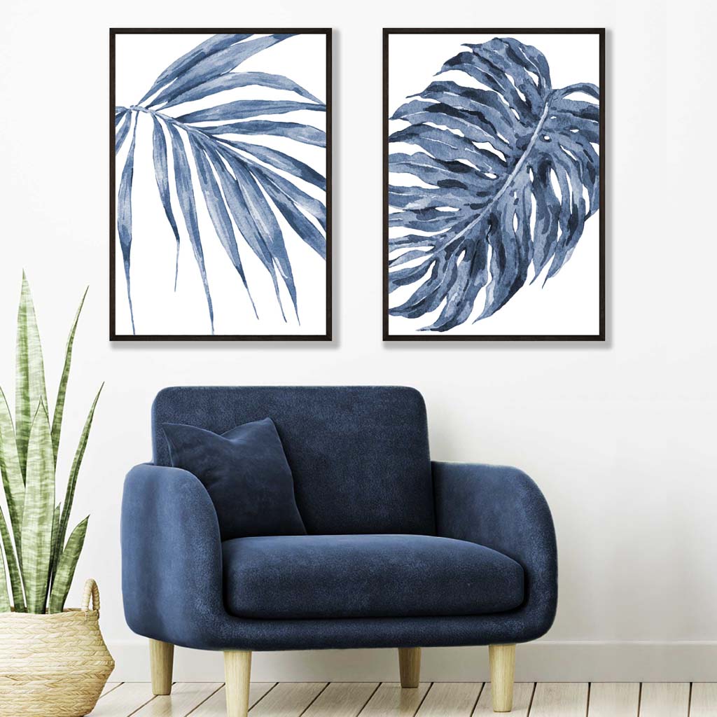 Akvarellrammesett med blå monstera-papyrus og 2 kunsttrykk