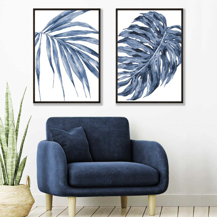 Blå monstera papyrus akvarellsett med 2 kunsttrykk