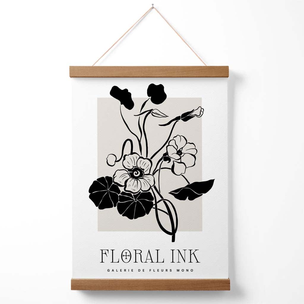 Plakat med blekktegning av nasturtiumblomster i svart og beige, inkludert oppheng.