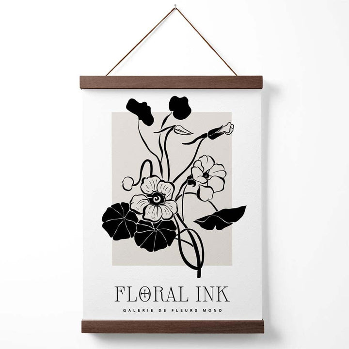 Plakat med blekktegning av nasturtiumblomster i svart og beige, inkludert oppheng.