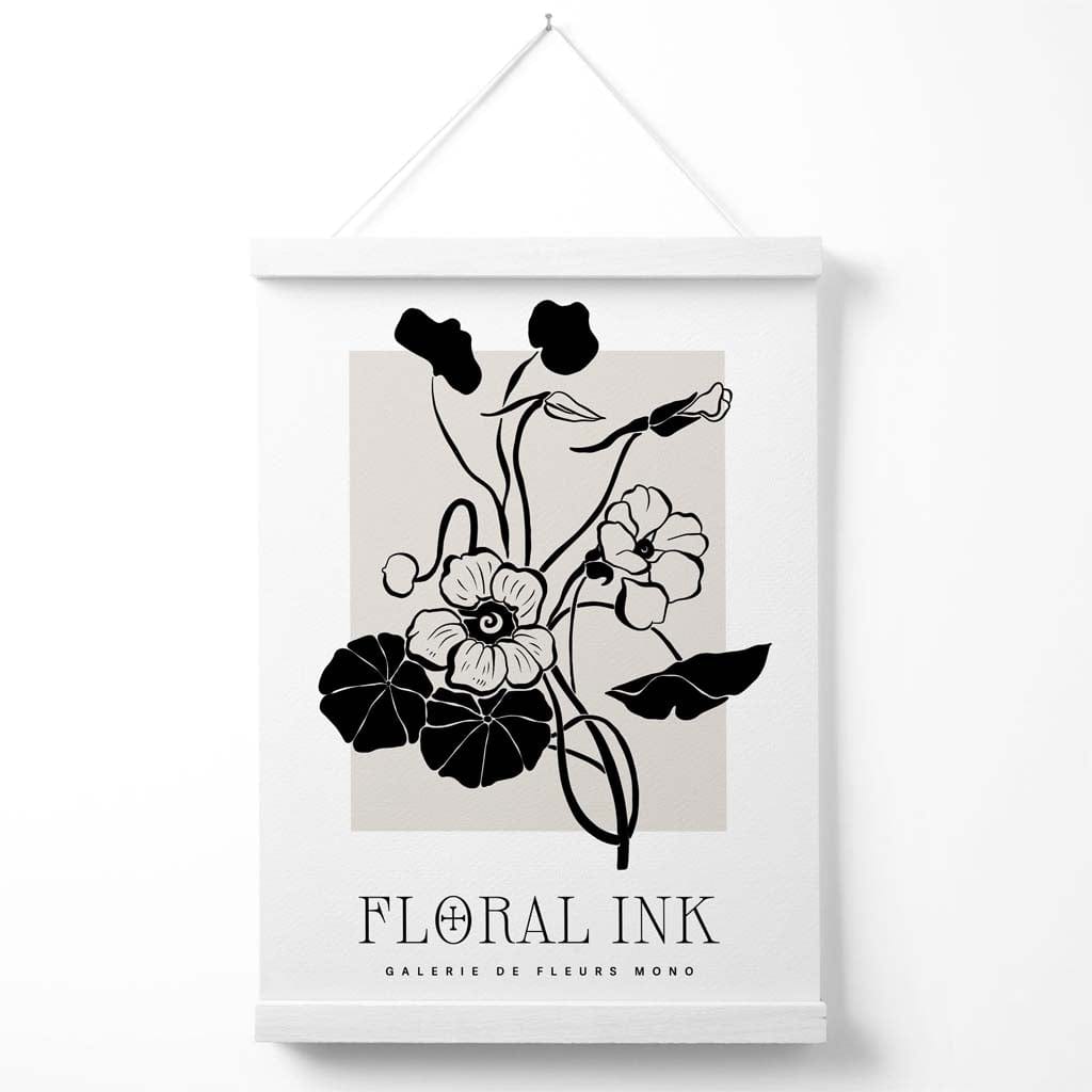 Plakat med blekktegning av nasturtiumblomster i svart og beige, inkludert oppheng.