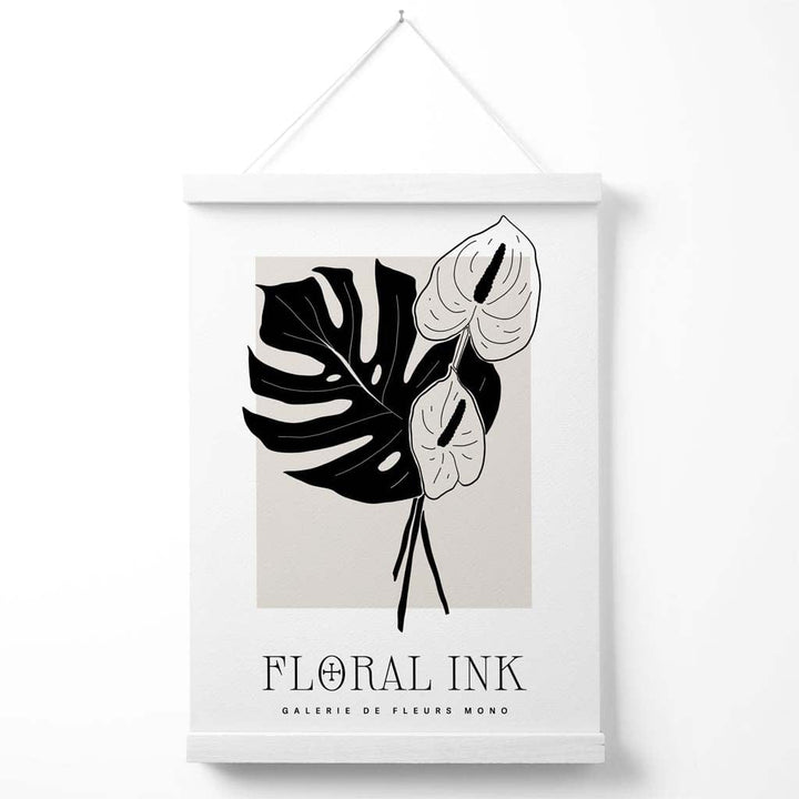 Arumlilje-plakat med blomstertegning i svart og beige, inkludert oppheng.
