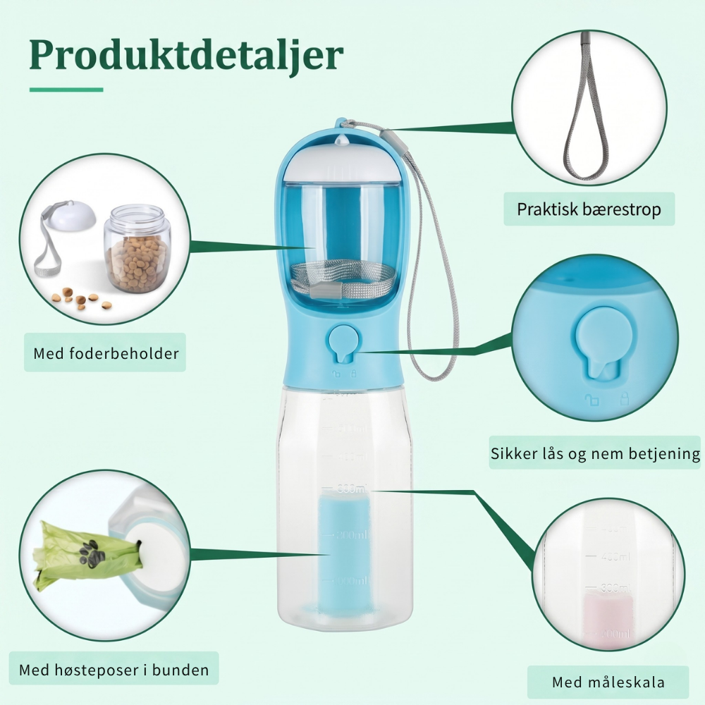 TrailBuddy™ – 3-i-1 hundevannflaske med matboks | Skanto
