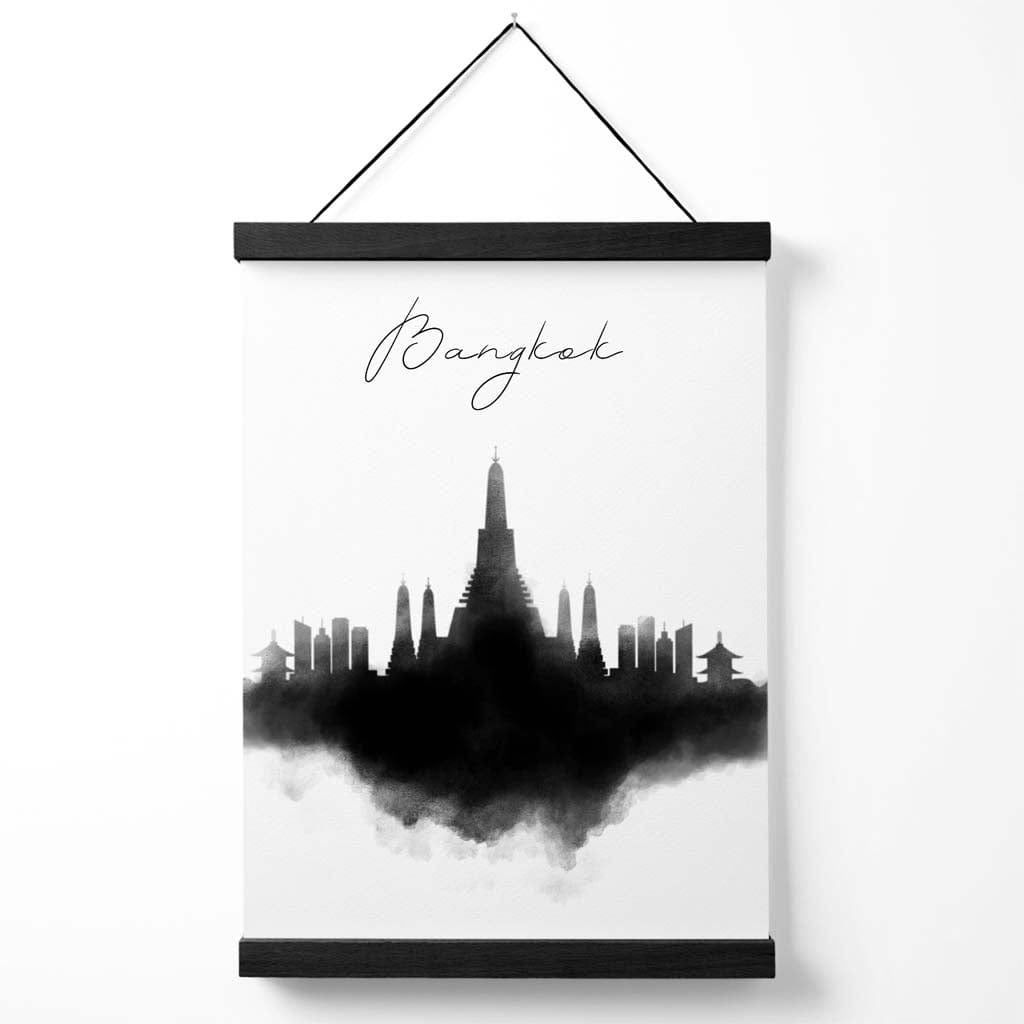 Bangkok akvarell plakat med bysilhuett og oppheng