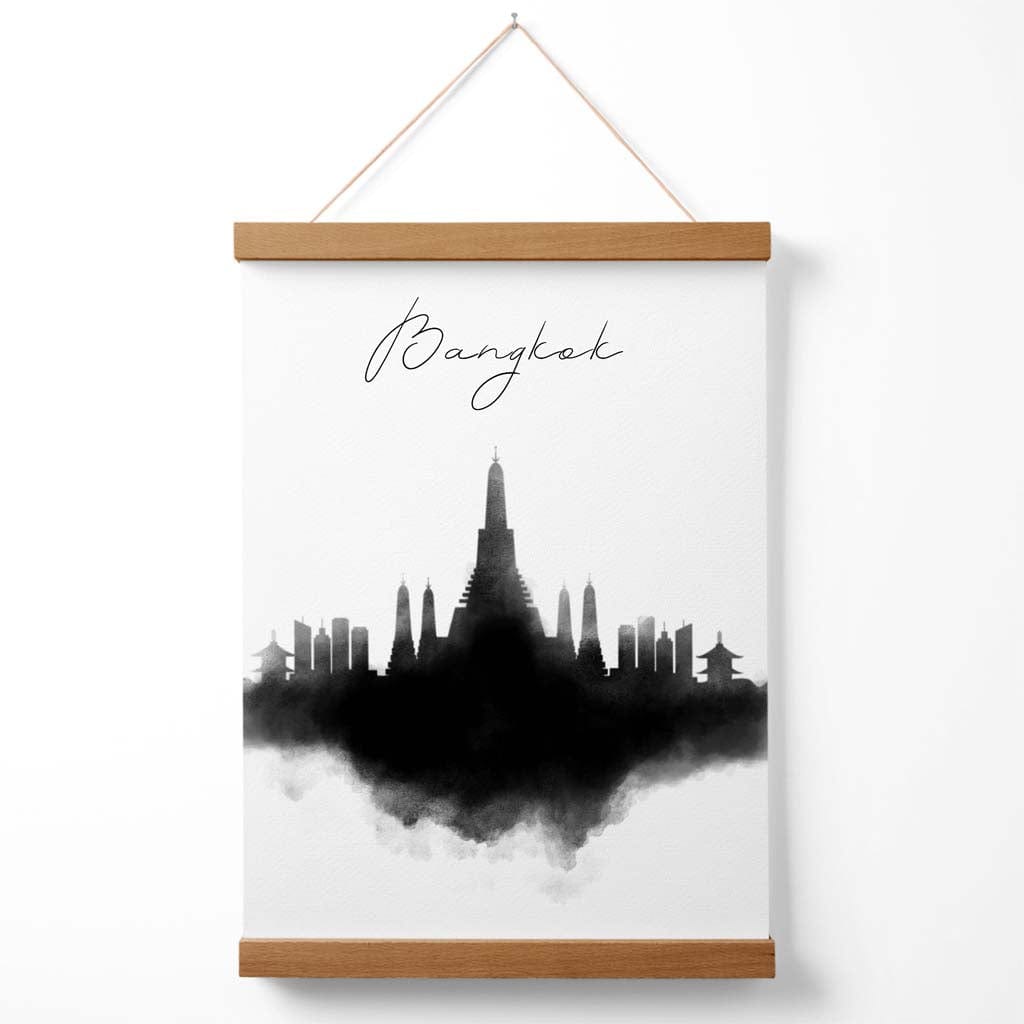 Bangkok akvarell plakat med bysilhuett og oppheng