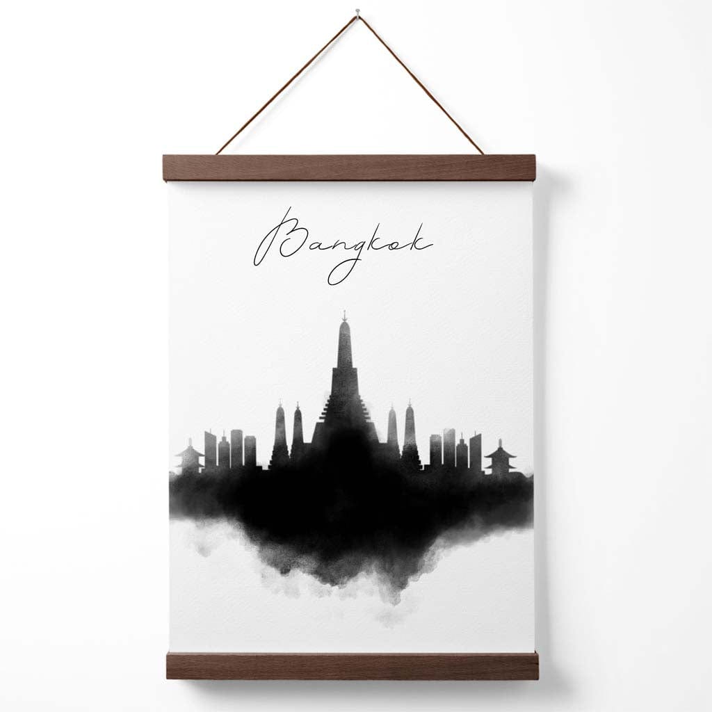 Bangkok akvarell plakat med bysilhuett og oppheng