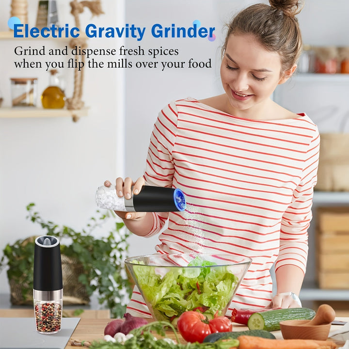 Skanto | Gravity Elektrisk Salt- og Pepperkvern Sett: Batteridrevet med LED-lampe, en-hånds automatisk betjening, justerbar grovhet, svart - Kjøkken Gadget Gaveidé