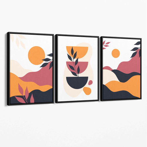 Bohemsk stil, livlig rosa og oransje, sett med 3 lerretsbilder