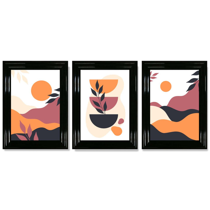 Bohemsk stil, livlig rosa-oransje, sett med 3 innrammede kunsttrykk